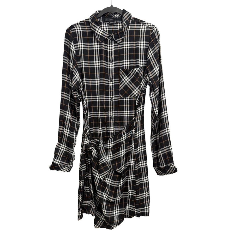 Sanctuary Womens Black Plaid Side Tie Wrap Front Shirt Dress M Asymmetrical Hem